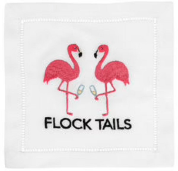 A set of August Morgan Cocktail Napkins Flock Tails, with the words "Flock Tail Friend" embroidered on them - a perfect gift for any occasion!