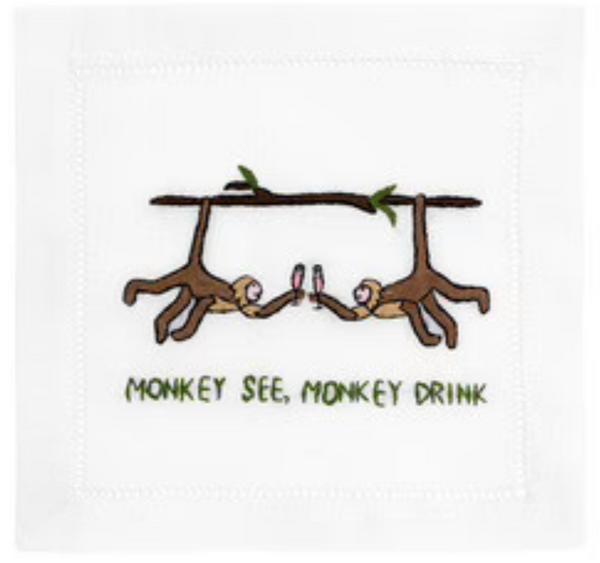 Two embroidered monkeys hanging from a branch, clinking glasses with the text "Monkey See, Monkey Drink" below, adorn these elegant cotton napkins—an ideal August Morgan Cocktail Napkins Monkey See Monkey Drink, Set of 4 for any gathering by August Morgan.