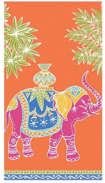 An Caspari Royal Elephant Orange on an orange background with palm trees.