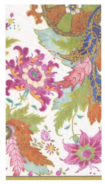 A colorful floral pattern with a variety of flowers and leaves in shades of purple, pink, green, and yellow, measuring 12.75" x 15.5", featuring a partial view of Caspari Floral Porcelain Guest Towels.