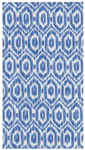 A Caspari blue and white Amala Ikat Blue Guest Towel with a geometric pattern perfect for adding a touch of elegance to any room.