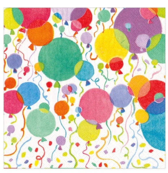 Colorful illustration of balloons and confetti on Caspari Balloons And Confetti Cocktail Napkins, suggesting a celebration or party theme.