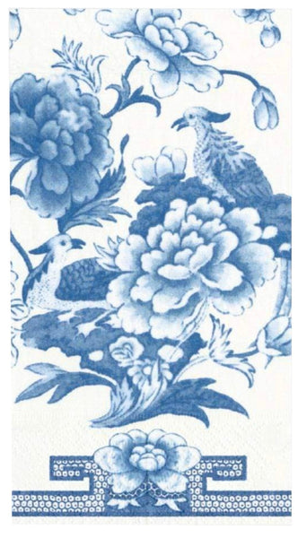 A pack of Chinoiserie Blue and White Guest Towels with birds and flowers by Caspari.