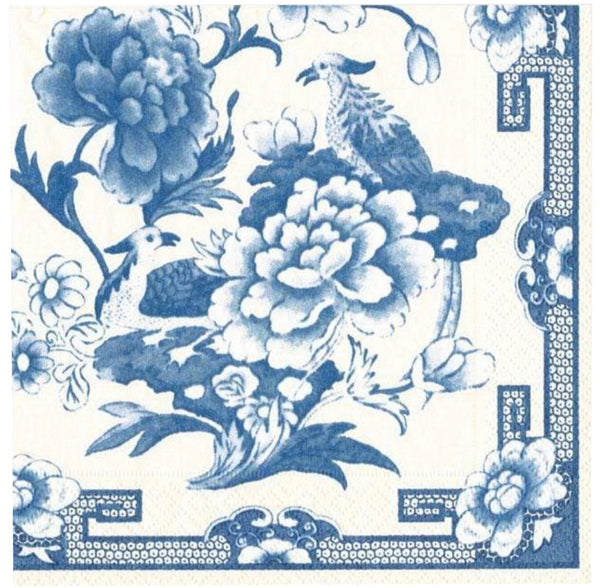 Caspari Chinoiserie Blue and White Cocktail Napkins, reminiscent of porcelain or textile designs, expanding to 10" x 10" when open.