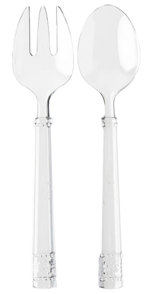 The Juliska Isabella Acrylic Salad Servers, featuring a clear plastic serving fork and spoon set with decorative handles and crafted from shatterproof acrylic, are shown side by side.