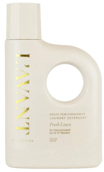 A bottle of L'Avant Laundry Detergent, Fresh Linen by L'Avant Collective, a high-performance, eco-friendly laundry detergent with a fresh linen scent.