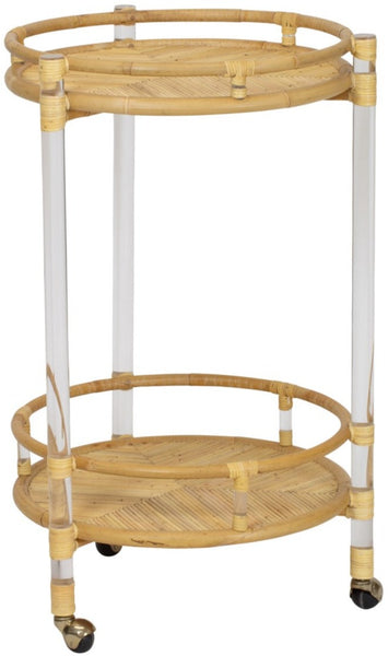 The "Acrylic and Rattan Bar Cart" by Selamat is a Sea Cliff-inspired, two-tier bar cart made from bamboo and rattan, featuring a glass top on casters with a circular design and natural finish.