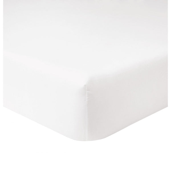 A Yves Delorme Triomphe Fitted Sheet - Blanc on a white surface, made of combed cotton sateen for ultimate comfort and boasting a thread count of 300.