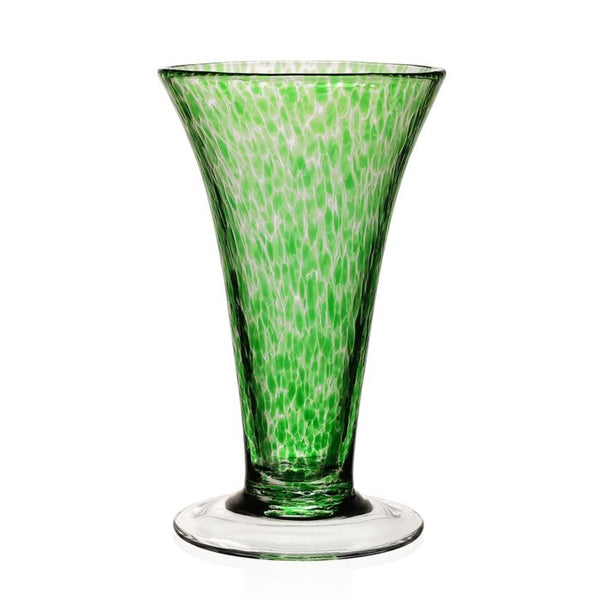 A handmade William Yeoward Crystal Vanessa Vase, Green, 11” on a white background.