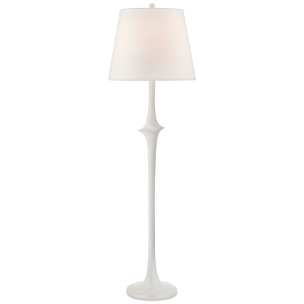 A white, contemporary Bates Large Sculpted Floor Lamp by Visual Comfort with a sleek, curved base and an E26 dimmer, set against a neutral background.