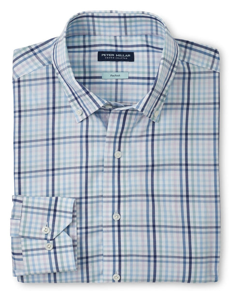 Folded blue and white plaid button-down shirt with the "Peter Millar" brand label visible at the collar. The Peter Millar Caspian Cotton Sport Shirt is crafted from refined cotton and features a Flex Finish for added comfort and movement.