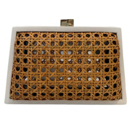 The Serpui Hannah Clutch, White, is a rectangular purse featuring a wicker pattern center, framed by a sleek white border. It also includes a metallic clasp and an optional metal chain.