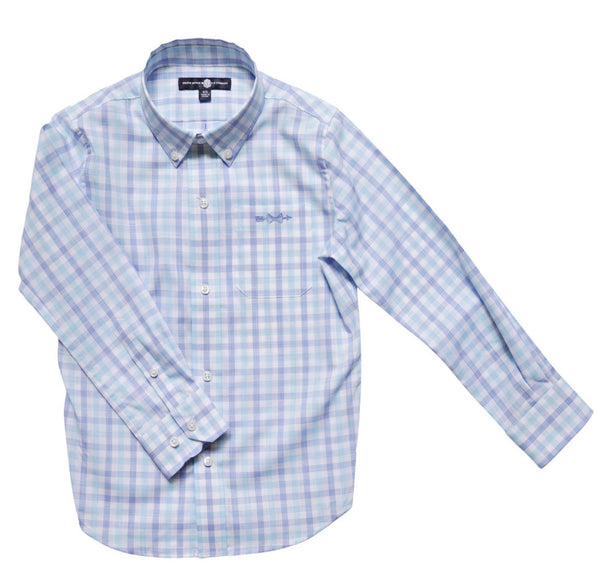 The Brown Bowen & Co. Arrow Button Down by Brown Bowen & Company is a light blue, long-sleeved, button-up plaid shirt with a front pocket and button-down collar, featuring Button EZ technology.