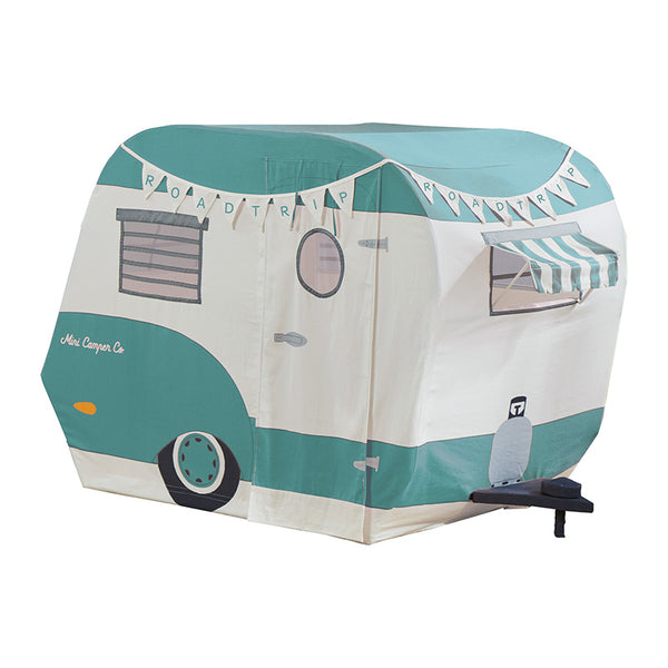 A portable tent designed to resemble a realistic Asweets Mini Camper Play House, with the words "road trip" printed on it.