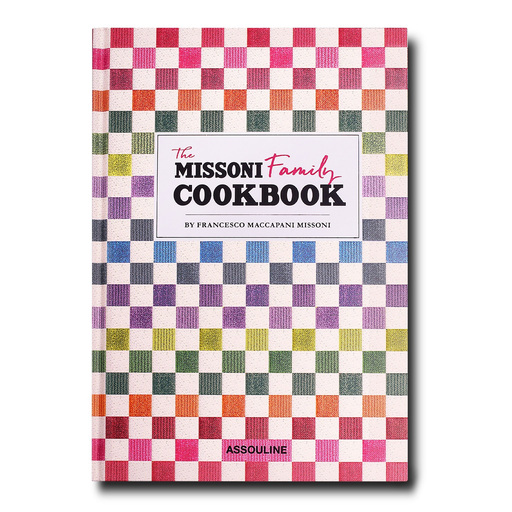 The Missoni Family Cookbook by Francesco Maccapani Missoni, published by Assouline, features a colorful checkered cover design and offers a collection of cherished family recipes perfect for any home cook.