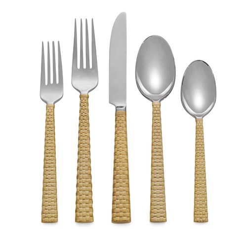 Michael Aram 5 Piece Flatware Set, Gold, featuring two forks, a knife, and two spoons with woven handles and an antique gold finish, arranged in size order from left to right against a white background.