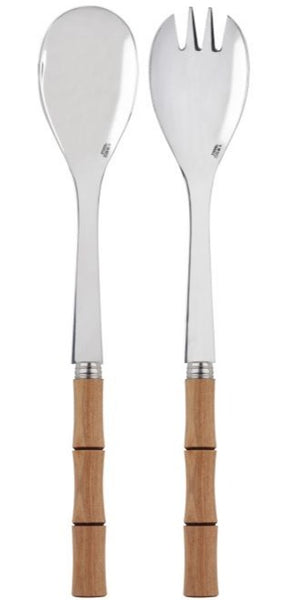 A set of two Sabre Bamboo Salad Set utensils with stainless steel heads and wooden handles; one is a spoon, and the other is a spork—perfect for summer salads.