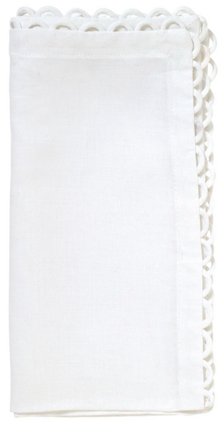 Kim Seybert Loop Edge White Napkin, Set of 4, isolated on a white background.