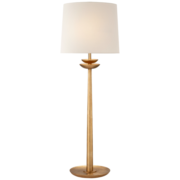 The Beaumont Medium Buffet Lamp by Visual Comfort features a gilded base and stem, a white cylindrical lampshade, and a convenient dimmer. Its round E26 socket supports wattage up to 60, offering versatile lighting for any room.