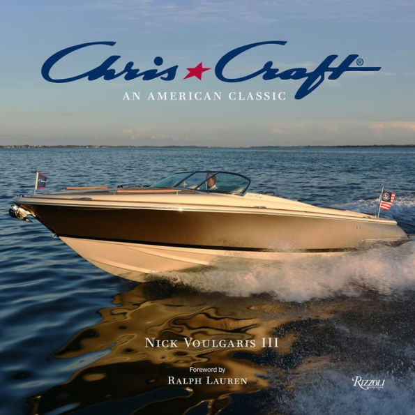 A Common Ground wooden boat cruising on water with the book title "Chris-Craft, An American Classic" displayed above.