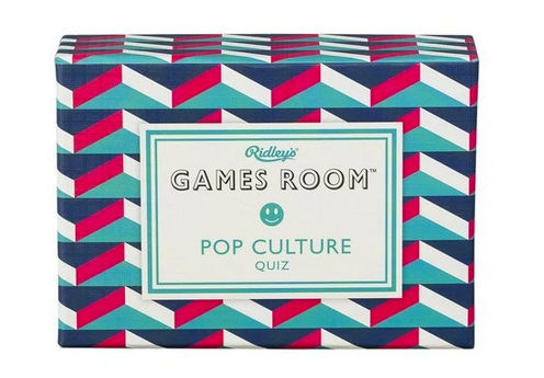 A Pop Culture Quiz by Chronicle Books is perfect for social gatherings, featuring a geometric pattern in red, blue, and teal.