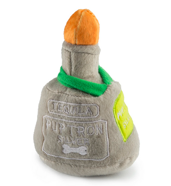 Haute Diggity Dog Puptron Tequila Dog Toy from the Muttini Bar & Grill Collection designed to resemble a bottle of tequila with a lime on top.