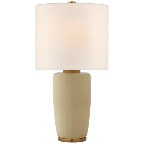 A cream-colored ceramic Chado Large Table Lamp by Visual Comfort with a cylindrical white shade and an E26 dimmer.