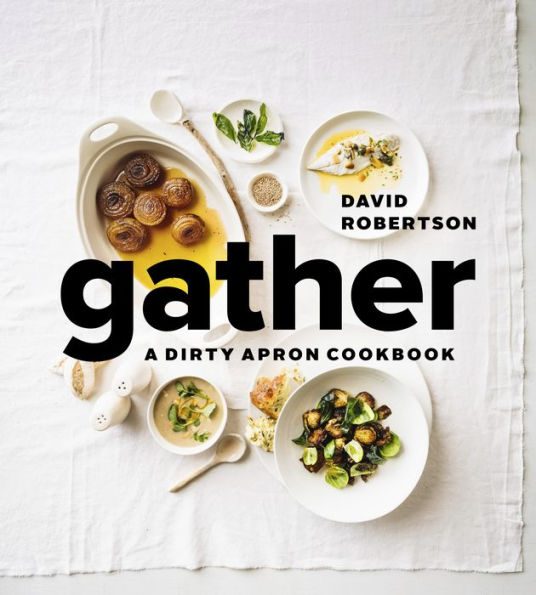 Cover of the Common Ground product titled "Gather" by David Robertson, featuring various prepared dishes on a white tablecloth.