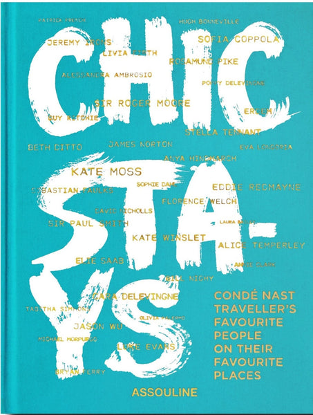 A Chic Stays book cover with a turquoise background featuring a white silhouetted map of the UK and Ireland, overlaid with the names of various famous individuals in different shades of white and turquoise, evoking Assouline.