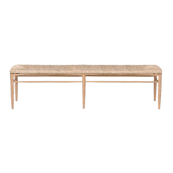 The Colwyn Long Bench by Made Goods is a long, rectangular rustic piece featuring a woven seat and a sturdy cerused white oak frame.