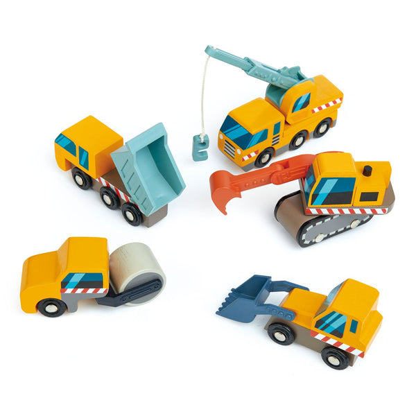 A set of Tenderleaf Construction Site Vehicles, including a dump truck and front loader, on a white background.