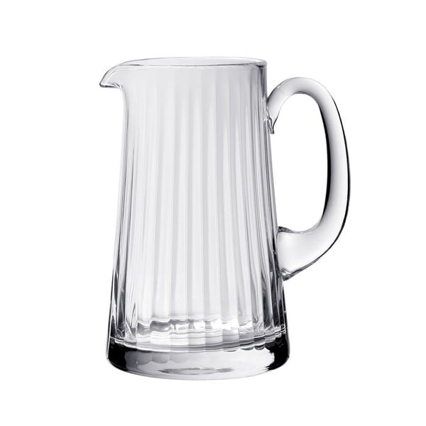 William Yeoward Crystal Corinne Pitcher with vertical rididges and Jazz Age-inspired designs on a white background.