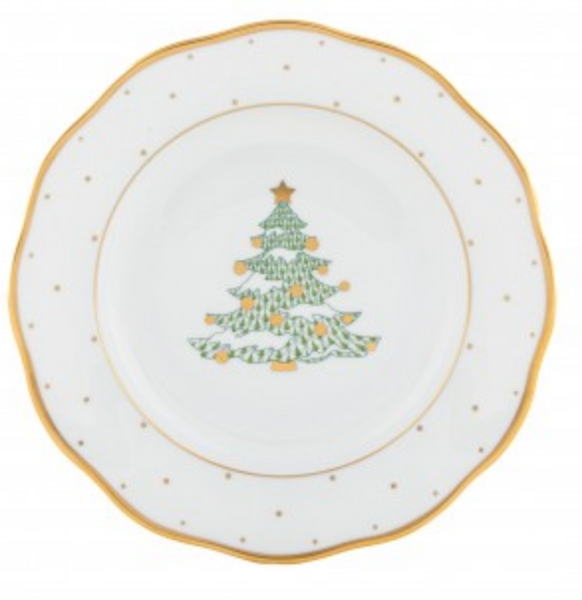 A Herend Christmas Tree Dessert Plate in Forest Green, featuring a decorated Christmas tree in the center, with gold trim and small gold dots along the scalloped edge, reminiscent of Herend porcelain's exquisite hand-painted designs.