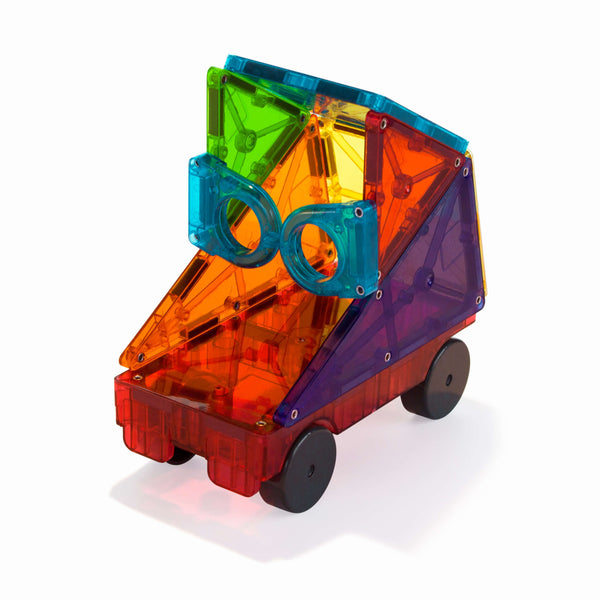 The MAGNA-TILES® Clear Colors 48-Piece Set by Magnatiles features a colorful toy car constructed from translucent magnetic tiles in various shapes and vibrant colors, complete with black wheels, ensuring endless creative possibilities.