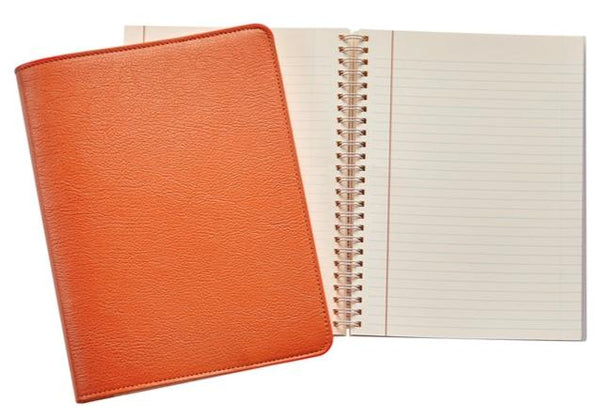 A Graphic Image Leather Wire Ring Notebook, Orange, 9" cover partially open with a spiral journal featuring premium paper inside, isolated on a white background.