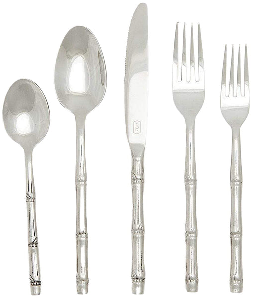 A sophisticated touch to your dining experience, the Blue Pheasant Liliana Bamboo 5 Piece Flatware Set, Polished Silver from Blue Pheasant features a set of five stainless steel utensils with natural bamboo-style handles, including a soup spoon, dessert spoon, knife, dinner fork, and salad fork arranged in a row.