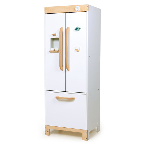 A stylish fridge designed for toddlers, the Tender Leaf Toys Tenderleaf Refrigerator features two upper doors, a lower drawer, small handle details, and even an ice cube dispenser. Suitable for children aged 3 years and older.