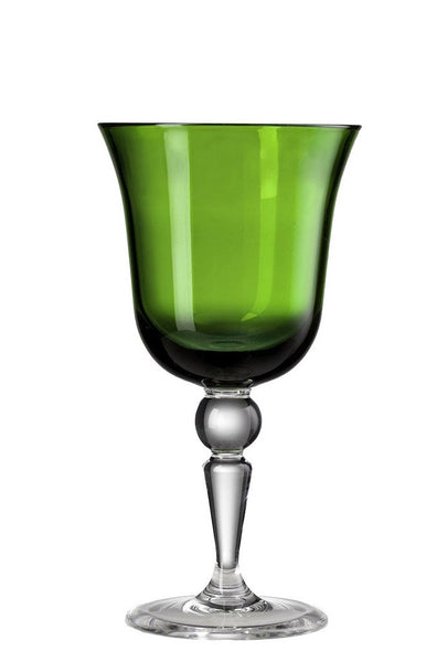 A bicolored 12oz water glass with a green bowl and a clear stem, displayed on a white background is the Mario Luca Giusti St Moritz Acrylic Water Glass, Green.