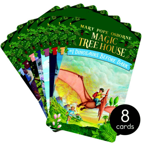 A set of eight Yoto Cards: The Magic Treehouse Collection by Yoto displays the cover of "Dinosaurs Before Dark" by Mary Pope Osborne, featuring children riding a flying dinosaur on their magical adventures through time travel.