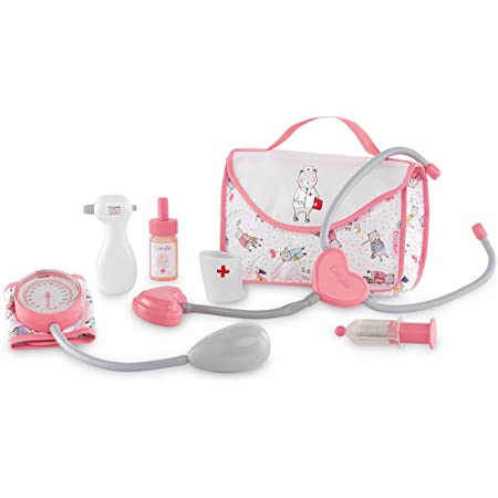 The Corolle Large Doctor Set by Corolle is a children's toy medical kit featuring a charming pink and white doctor set. It includes a stethoscope, blood pressure cuff, otoscope, syringe, medicine bottle, and thermometer neatly stored in a delightful fabric backpack. Perfect for young doctors or baby doll accessories enthusiasts.