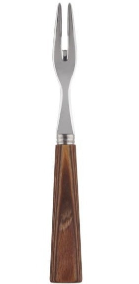 A practical small two-pronged fork with a wooden handle, designed for picking up delights and specialty use is the Sabre Natural Cocktail Fork by Sabre.