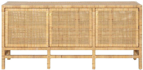 The Made Goods Isla Buffet, 80" is a light wood media console with three natural peeled rattan-front doors, gold knobs, and rectangular legs.