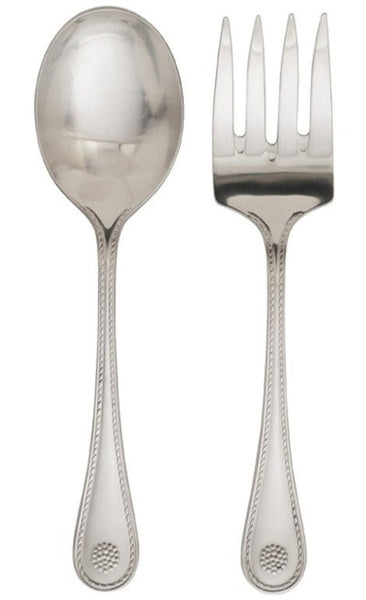 A set of elegant silver forks and spoons from the Juliska Bistro Bright Satin 2 Piece Hostess Serving Set, made of high-quality 18/10 stainless steel. Perfect as a hostess gift.