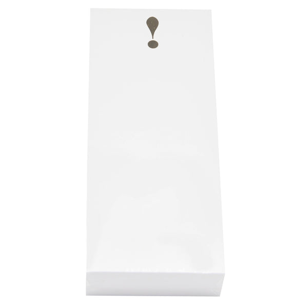 Luxurious white cardstock box featuring the Black Ink exclamation mark design on the top.