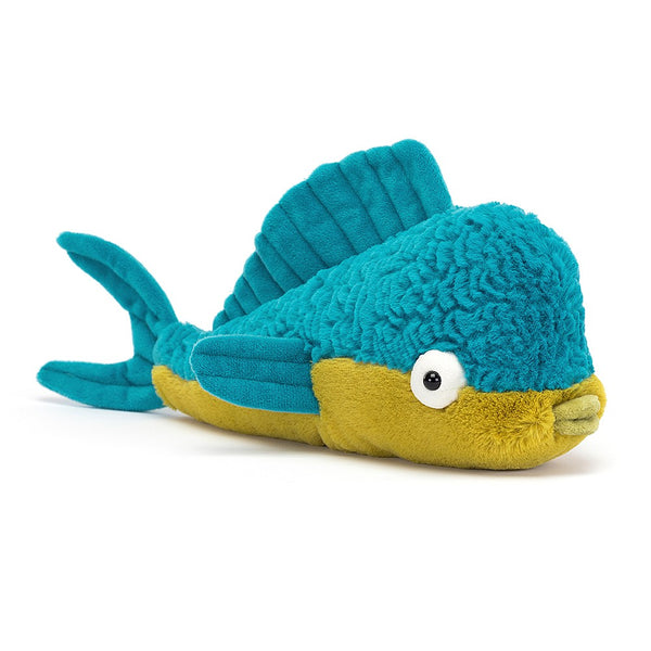 Blue and yellow fish stuffed toy (Delano Dorado Fish) by Jellycat on a white background.