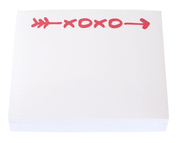 A luxurious quality notepad from Black Ink, featuring a white background with a red "XOXO" and an arrow design, reminiscent of an elegant expressions napkin.