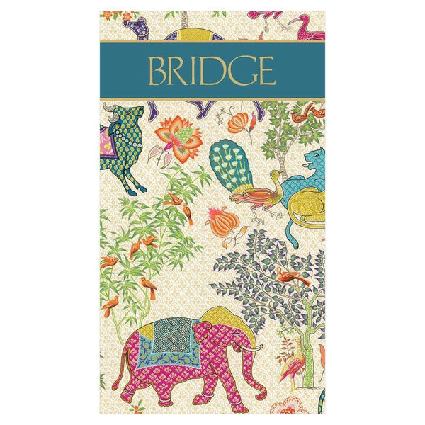 A beige Caspari towel with a colorful pattern, perfect for use as a Caspari - Le Jardin De Mysore Bridge Score Pad.