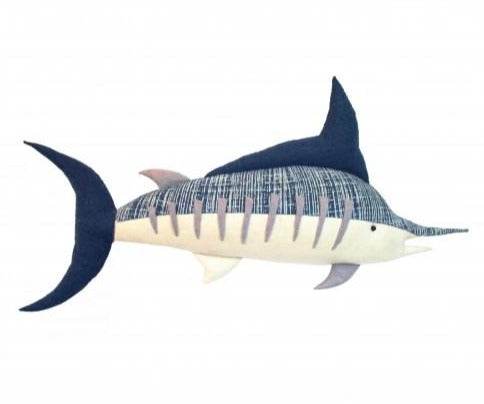 The Fiona Walker Wall Marlin Wall Decoration - Large, featuring a striped body, pointy snout, and dorsal fin that mirror the appearance of a marlin from our Under the Sea collection, makes a striking impression against a plain white background.