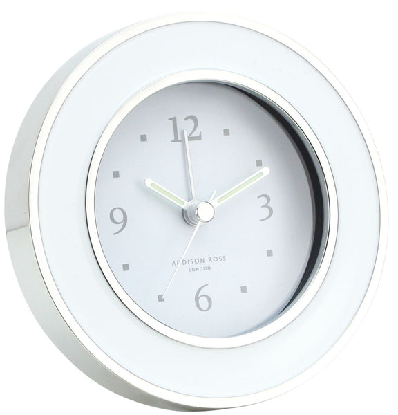 A alarm clock with a white enamel frame and face, showing the time approximately at 10:09, with the brand "Addison Ross London" printed on the bottom.