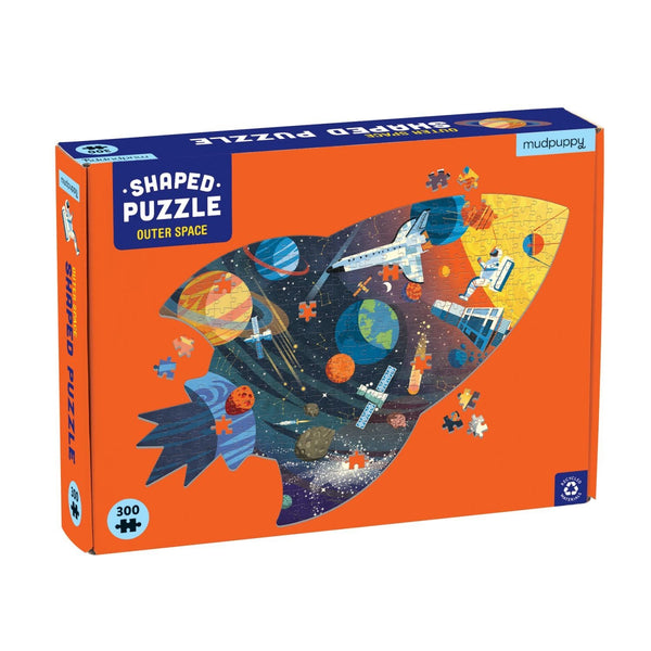 Introducing the Outer Space 300 Piece Puzzle by Chronicle Books: a vibrant jigsaw featuring unique illustrations of planets, rockets, and a spaceship on an engaging orange background.